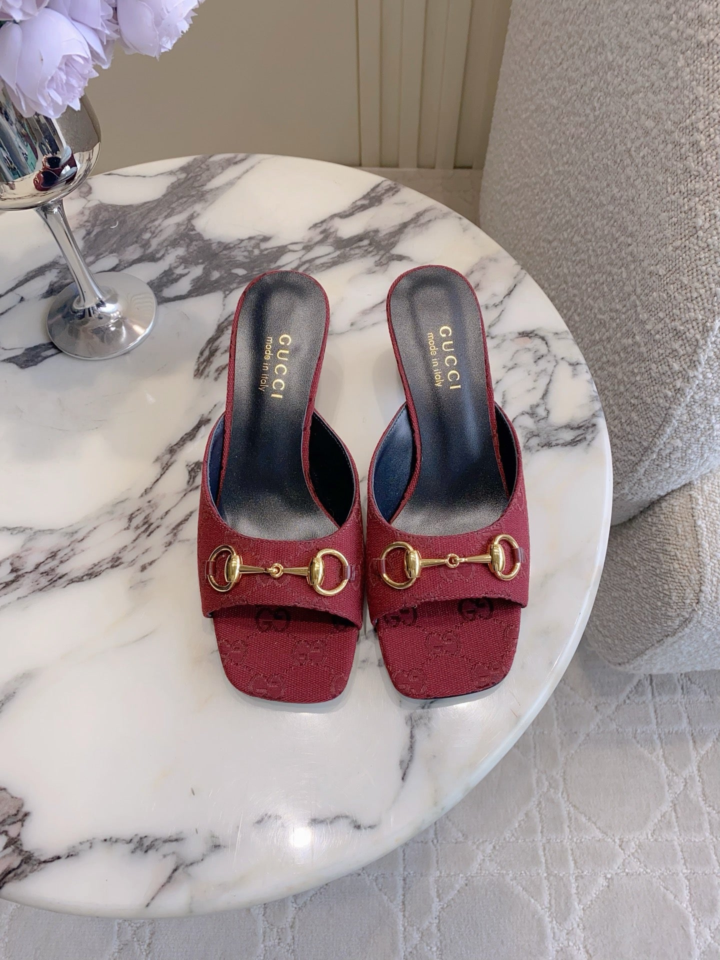 GG 26SS High-Heeled Sandals Dark Red Canvas Leather 644532