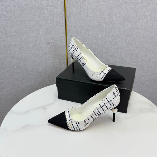 Chanel 2026 Pumps 85mm Tweed Pearl White Black 801952
