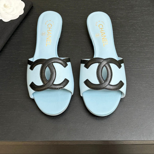 Chanel 2026 Flat Sandal Light Blue Black Cowhide