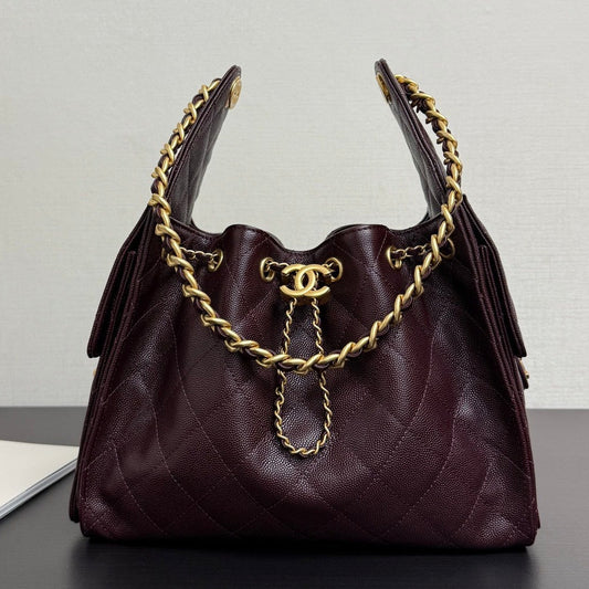 Chanel 2026 Hobo Bag Burgundy Gold Caviar Calfskin