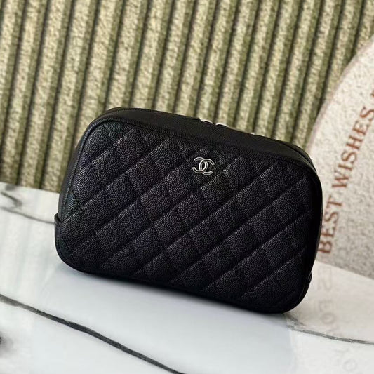 Chanel 2026 Quilted Medium Curvy Pouch Black Caviar Leather