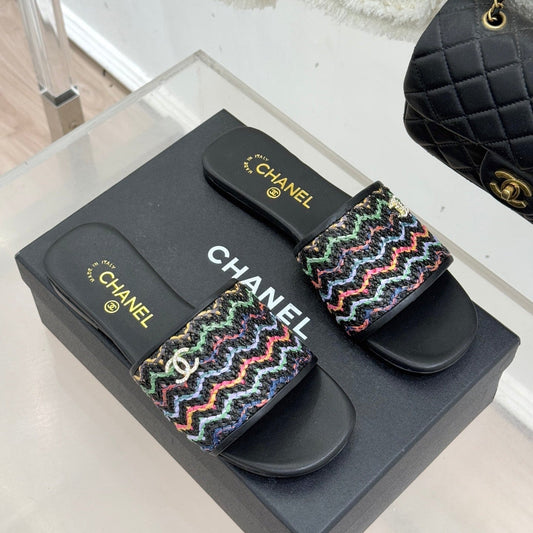 CC 2026 Knitted Double C Flat Slippers Multicolor Woven Sheepskin