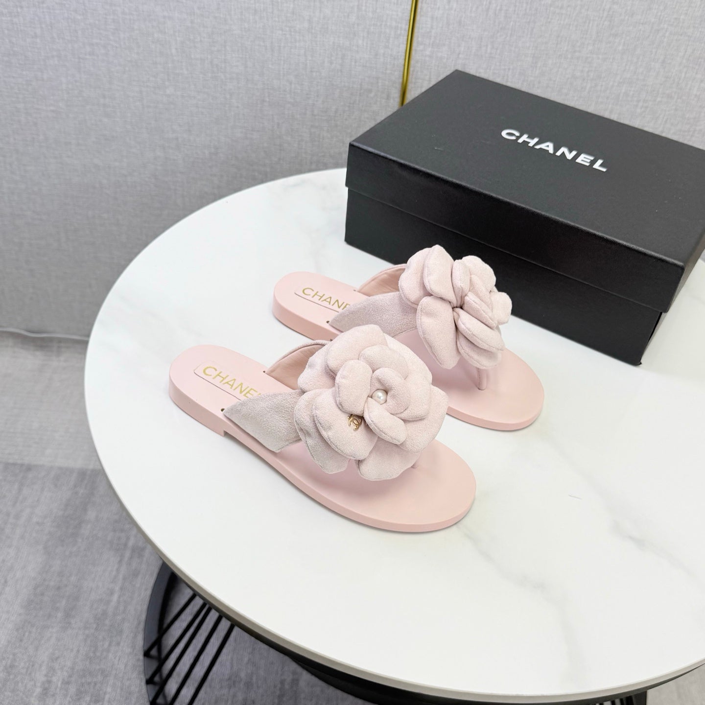 Chanel 2026 Flower Flat Thong Sandals Suede Cowhide 801431