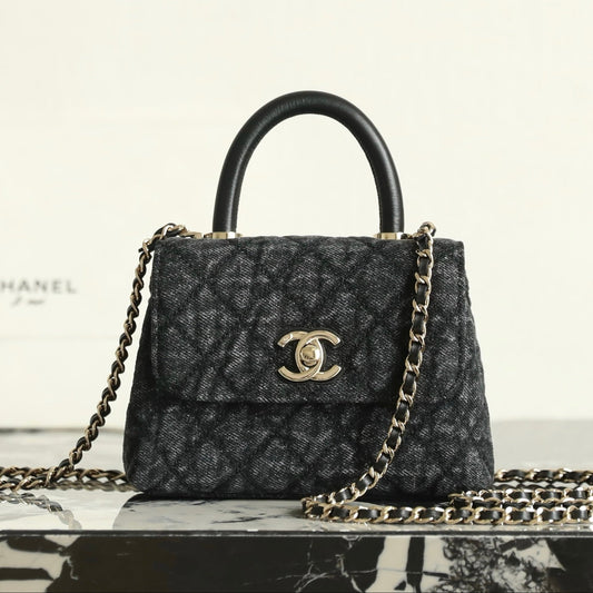 Chanel 2026 Coco Top Handle Bag 14.5cm Black Denim Leather 352687
