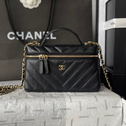 Chanel 2026 V-Shaped Quilted Chain Bag 19.5cm Black Caviar Leather