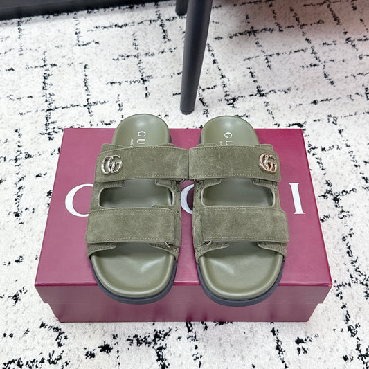 GG 26SS Sandals Olive Green Suede Sheepskin 641460