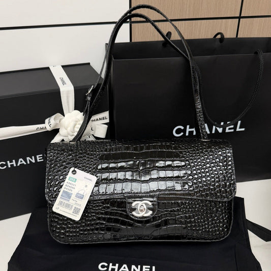 Chanel 2026 Crocodile-embossed Bag 32cm Black Leather Silver Hardware