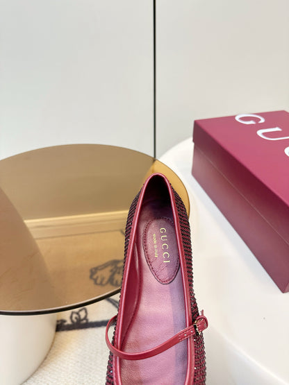 GG 26SS Ballet Flats Rhinestone Burgundy Sheepskin 645703