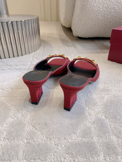 GG 26SS High-Heeled Sandals Dark Red Canvas Leather 644532