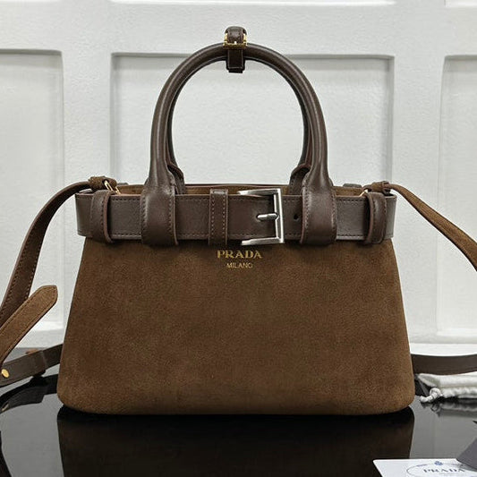 Prada 2026 Buckle Handbag 28cm Brown Suede Leather