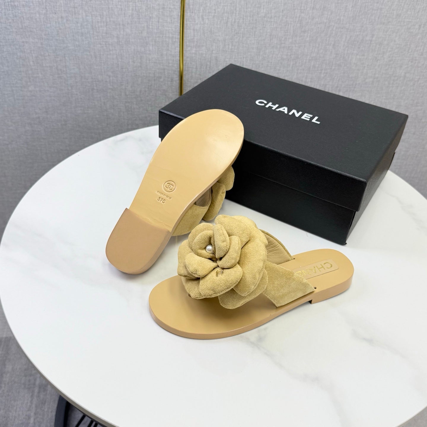 Chanel 2026 Flower Flat Thong Sandals Suede Cowhide 801431