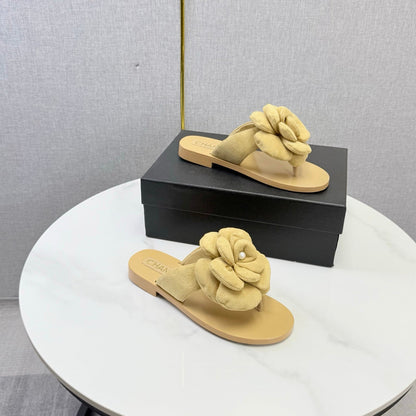 Chanel 2026 Flower Flat Thong Sandals Suede Cowhide 801431