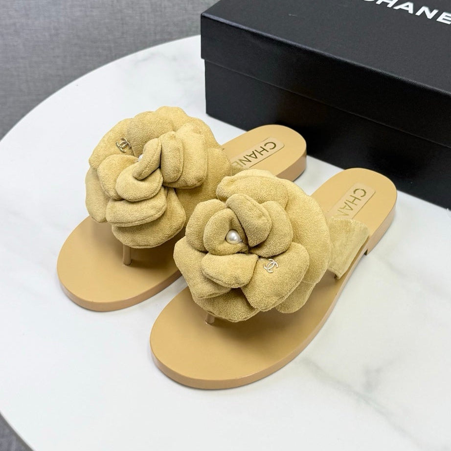 Chanel 2026 Flower Flat Thong Sandals Suede Cowhide 801431