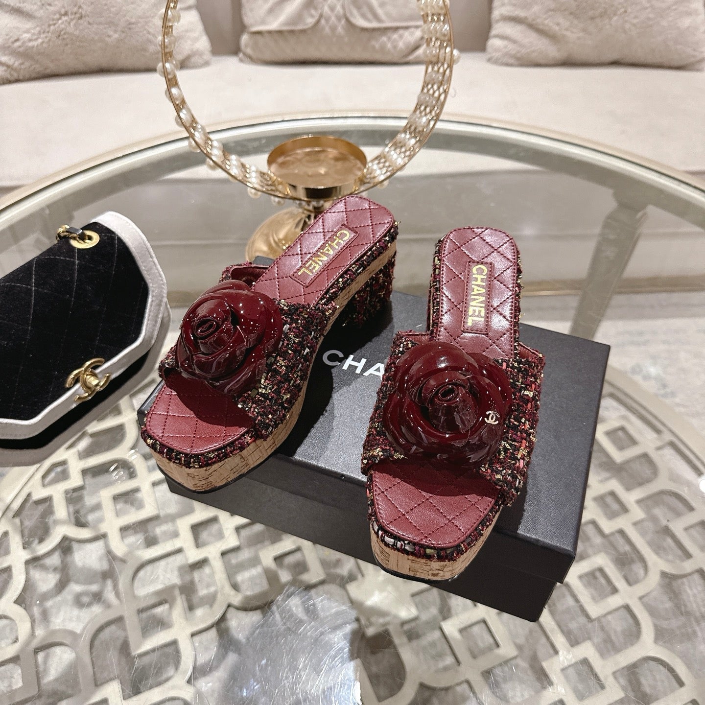CC 26s Camellia Platform Slippers 65 Burgundy Multicolor Tweed Leather 627053