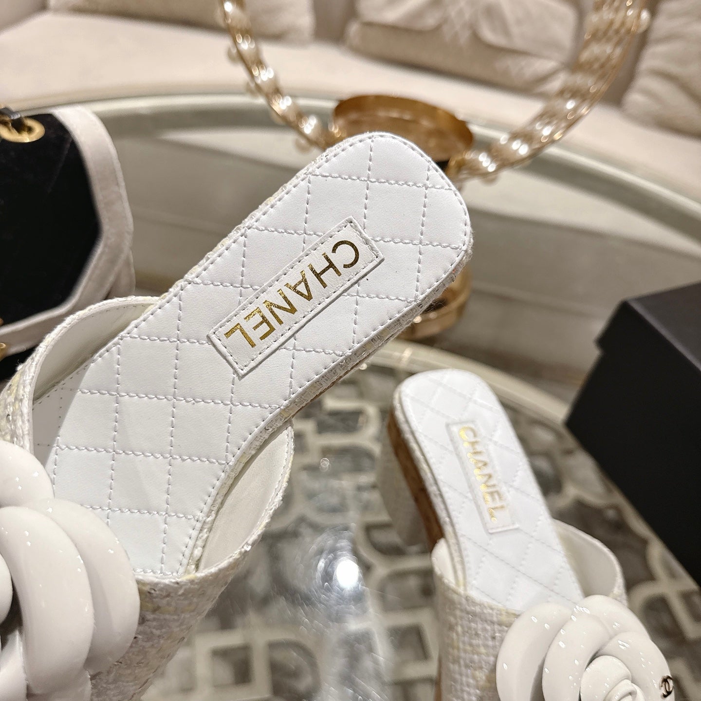 CC 26s Camellia Platform Slippers 65 White Tweed Leather 627054