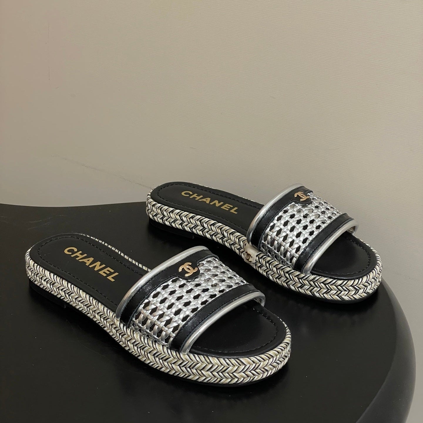 CC 26s Platform Slippers Black Sliver Cowhide 649460