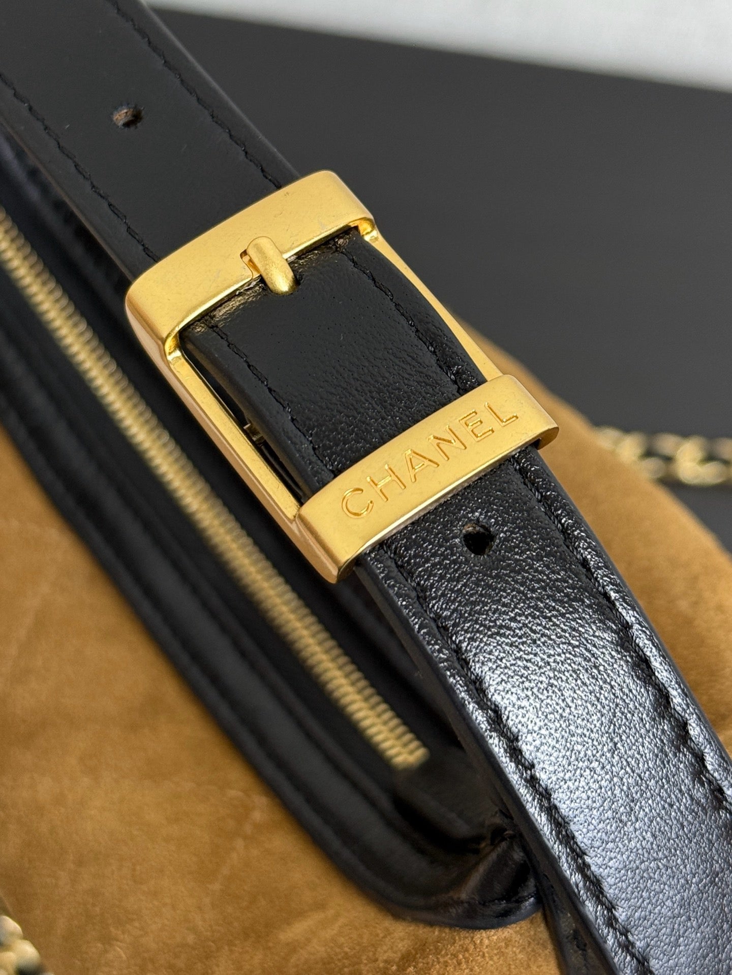 Chanel 2026 Clutch With Chain 17.5cm Tan Black Suede Leather