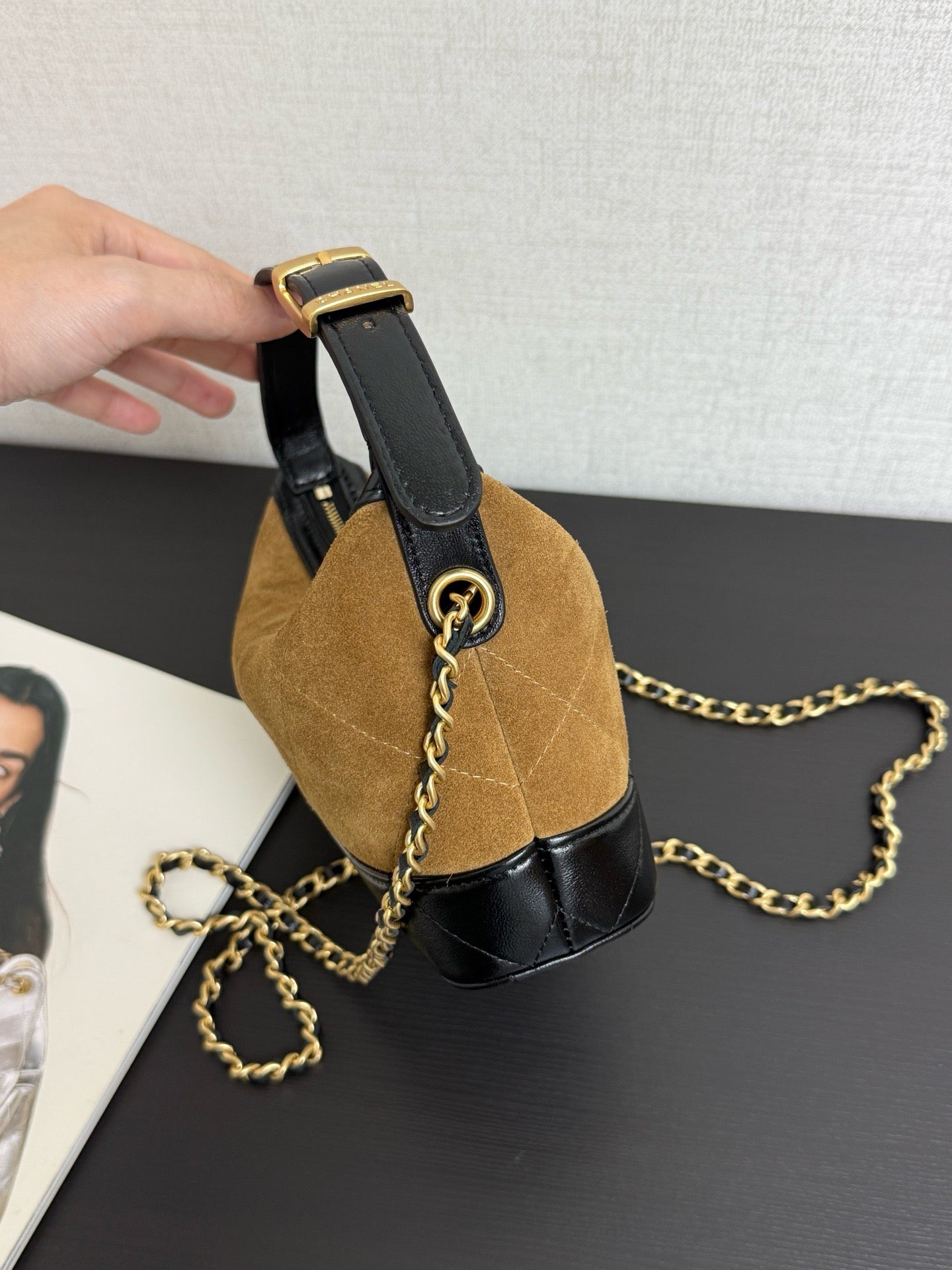 Chanel 2026 Clutch With Chain 17.5cm Tan Black Suede Leather