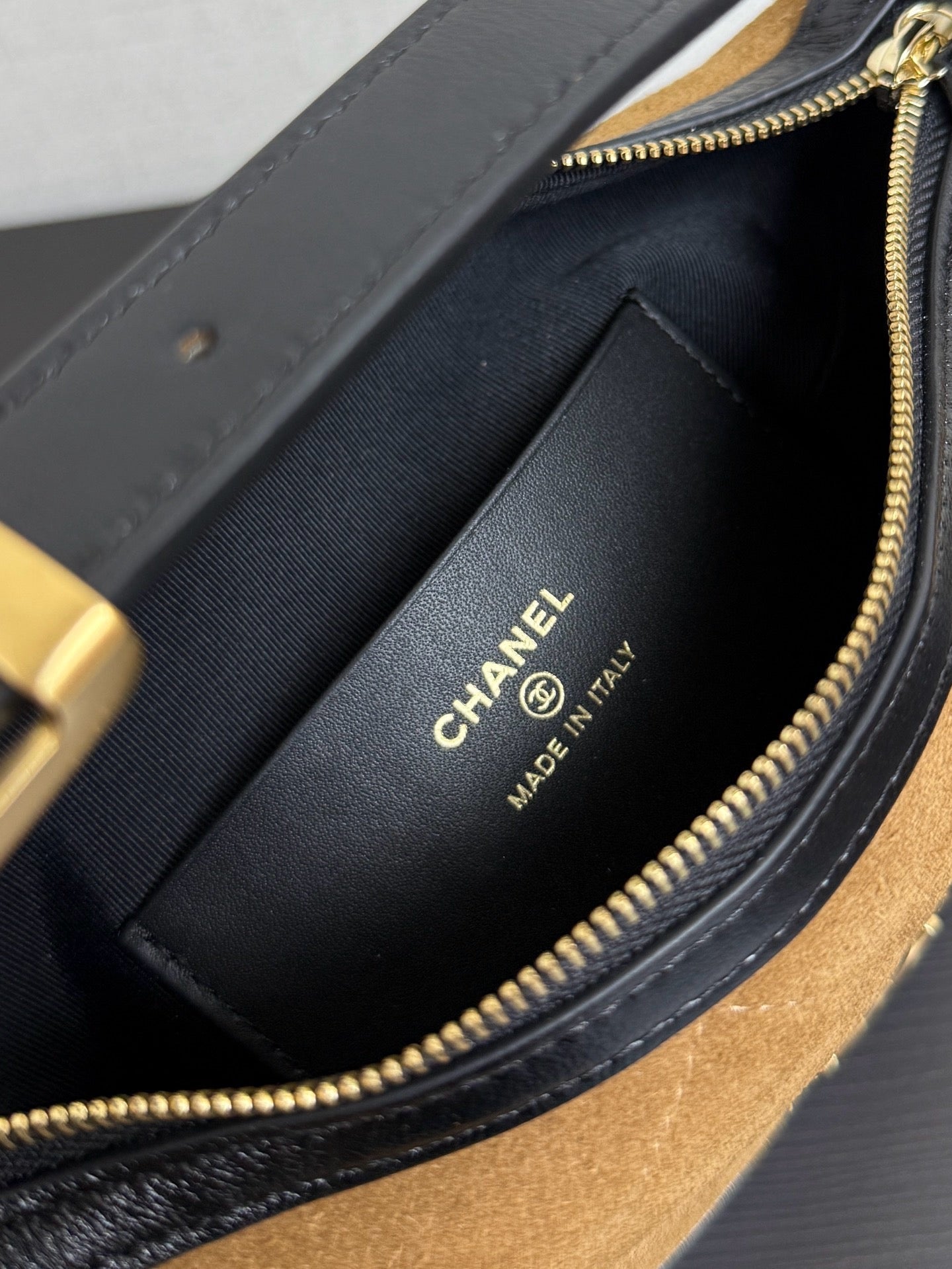 Chanel 2026 Clutch With Chain 17.5cm Tan Black Suede Leather