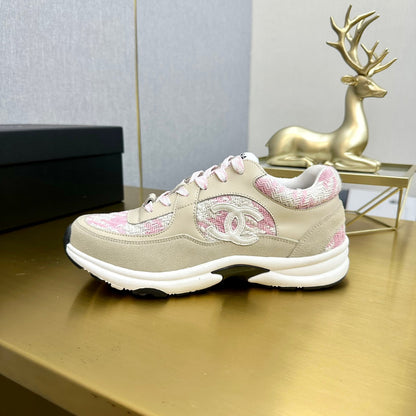 CC 2026 Casual Sneakers Beige Pink Suede Tweed 668062