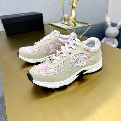 CC 2026 Casual Sneakers Beige Pink Suede Tweed 668062