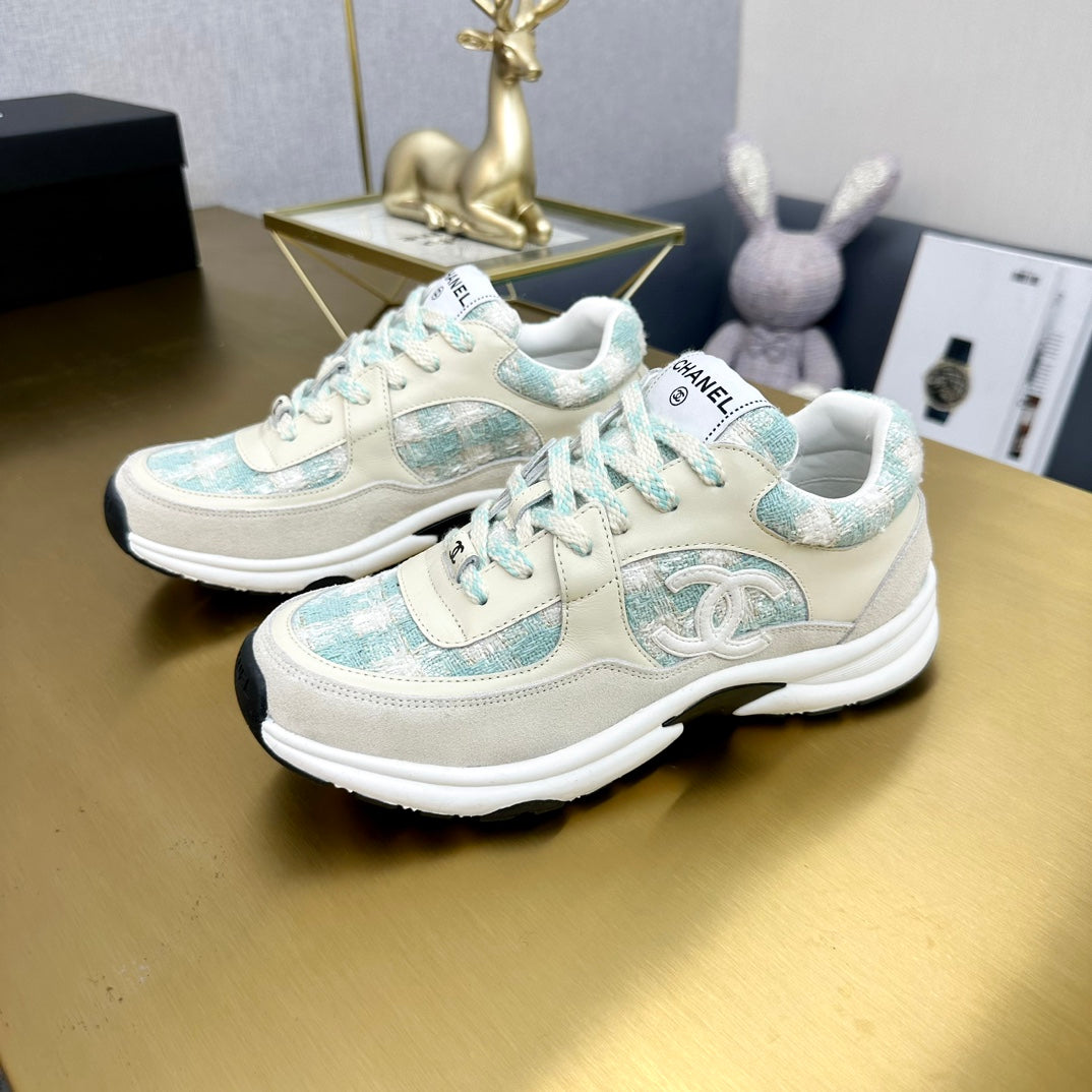 CC 2026 Casual Sneakers Beige Blue Suede Tweed 668063