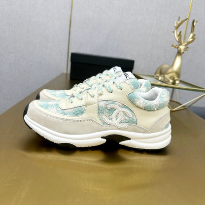 CC 2026 Casual Sneakers Beige Blue Suede Tweed 668063
