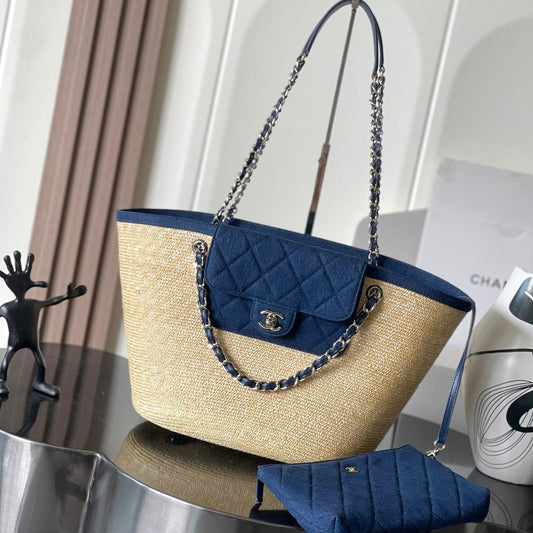 Chanel 2026 Deauville Bag 54cm Blue Beige Denim Straw